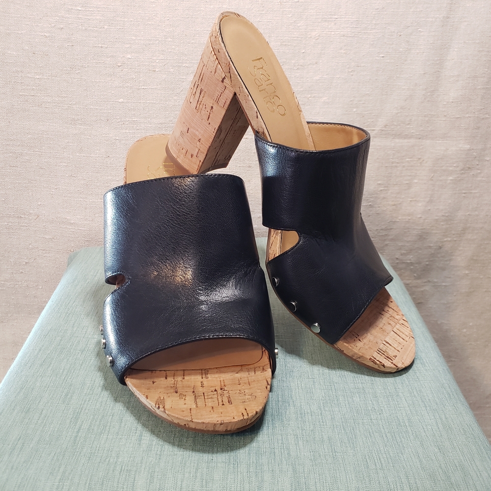 Franco Sarto Women's Black Leather Studded With Cork Heel Slide Sandals